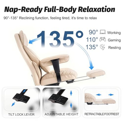 Efomao Executive Office Chair 400lbs,Beige Big and Tall Desk Chair | Mattress-grade pocket spring cushion, sleek leather, 135° recline & footrest for computer gaming setup. - color: 3084p-dark Beige