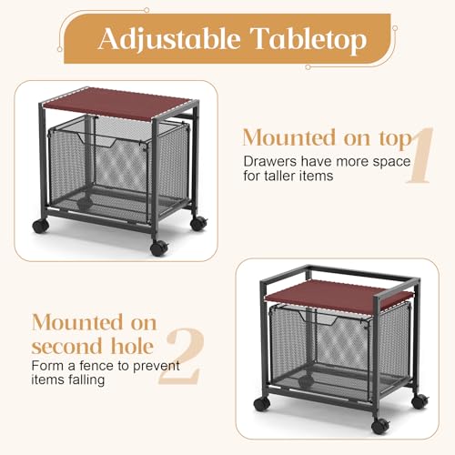 JKsmart Under Desk Storage, Printer Stand with Drawer, Rolling File Cabinet with Adjustable Table Top, 2 Tier Industrial Shelf on Fixed Feet Wheels, Sofa Side Table Organizer for Home, Office, Black