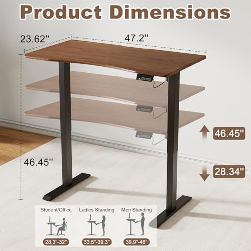 Solid Wood Electric Standing Desk, 47.2"x23.6" Walnut Standing Desk | 1 BOX,Home Office Desk with 3 Stages Single Motor, Standing Desk Walnut with T-Shaped Metal Bracket for Gaming - color: Walnut, size: 47.2"x23.6"