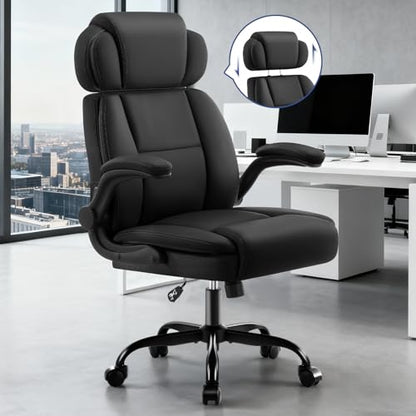 Ergonomic Office Chair with Lumbar Support, 400lbs Heavy Duty Big and Tall Executive Desk Chair, PU Leather High Back Computer Chair with Flip-Up Arms & Adjustable Headrest, Black - color: Black, size: Adjustable Headrest Office Chair
