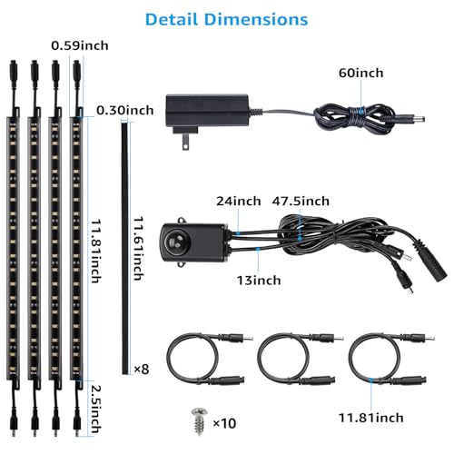 TORCHSTAR 4pcs 12 Inch LED Safe Lighting Kit, Motion Sensor, 5000K | UL Power Adapter, Input 100-240V, Linkable Gun Safe Light Bars, 600LM, for Under Cabinet Locker Closet Showcase, Daylight - color: Daylight (5000K)