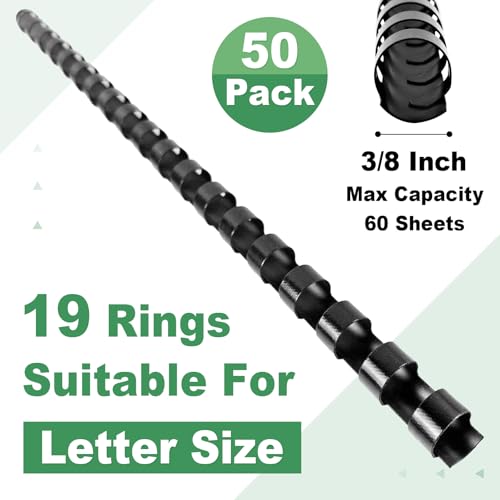 HOUYEE 50 Pack 3/8 Inch Plastic Binding Combs Spines, 19 Rings, Black | 10mm Binder Combs for Letter Size Paper, 60 Sheets Capacity , for Book Binder Office School Supplies - size: 3/8 inch,50 pack