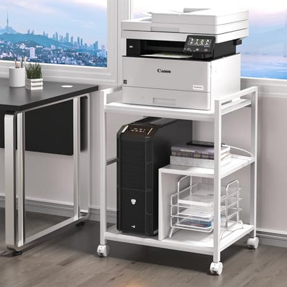 Lerliuo 24" Wide Large Printer Stand with Storage, White | Printer Table for Home Office with Charging Station, 3 Tier Industrial Mobile Printer Cart with Lockable Wheels - color: White