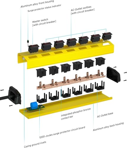 CRST 6-Outlet Metal Power Strip with Individual Switches 15A/1875W, 15FT - color: Yellow, size: 15FT
