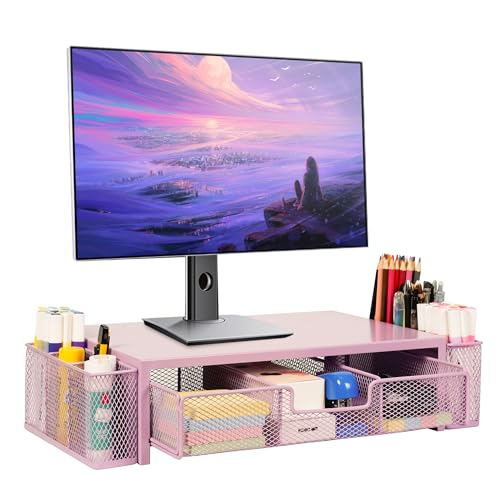 Qupui Computer Monitor Stand Riser with Drawer and Pen Holders, Desk Organizer Shelf and Accessories, Office Desk Accessories, Office Organization, Pink - color: Pink with Drawer