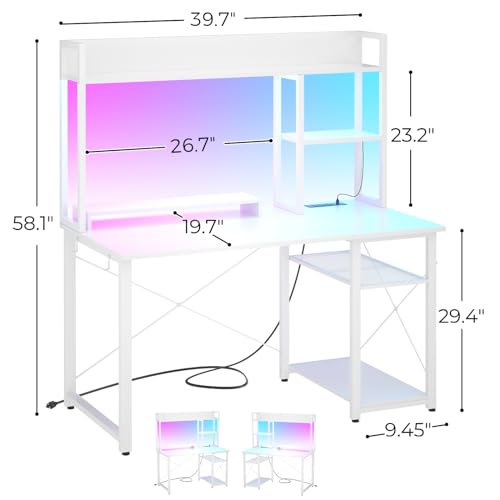 Cyclysio 39'' Gaming Desk with Hutch and Reversible Storage Shelves, White | Home Office Desk with LED Lights & Power Outlets, Computer Desk for Small Space - color: White, size: 39 inch