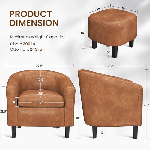 Yaheetech Accent Chairs with Ottoman, Faux Leather Barrel Chairs, Brown - color: Brown, size: Chair:25.5x 27.5 x 28''H Ottoman:18x 18.7x 15.7''H