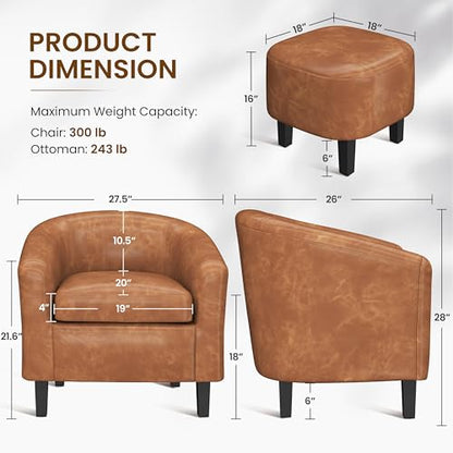 Yaheetech Accent Chairs with Ottoman, Faux Leather Barrel Chairs, Brown - color: Brown, size: Chair:25.5x 27.5 x 28''H Ottoman:18x 18.7x 15.7''H