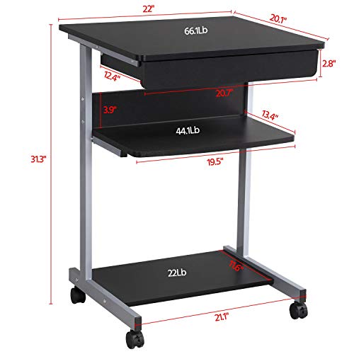 Yaheetech Tiny Mobile Computer Desk, 3-Tier Rolling Cart with Drawer, Black - color: Black