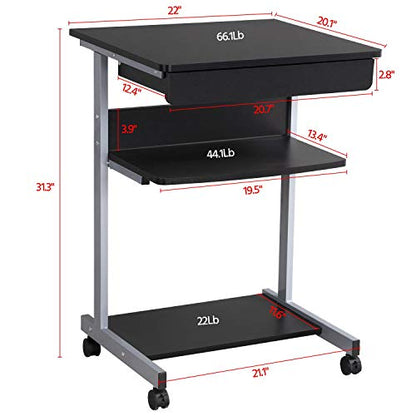 Yaheetech Tiny Mobile Computer Desk, 3-Tier Rolling Cart with Drawer, Black - color: Black