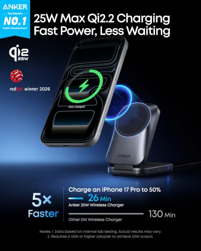 Anker Prime 25W Qi2.2-Certified Palm-Sized 3-in-1 Foldable MagSafe Charger | Travel-Ready Charging Station, AirCool Wireless Charger for iPhone 17, Apple Watch, AirPods (Adapter Included, Non-Battery) - color: Phantom Gray