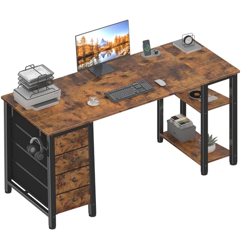 Lufeiya 63 inch Computer Desk with Storage Shelves, Writing Work Study Desk for Home Office Bedroom, Modern Simple Student PC Desks Table with 4 Fabric Drawers, Rustic Brown - color: Rustic Brown, size: 63"