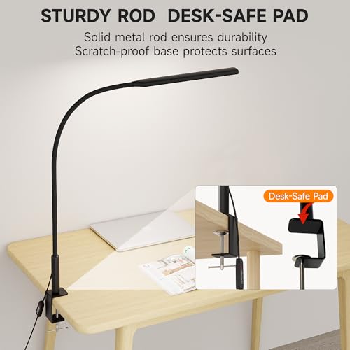 Clamp on Desk Lamp for Home Office, Eye-Caring Jigsaw Puzzle Desk Light | Desk Lamp with Clamp Mount, 3 Colors Stepless Dimming, Flexible Gooseneck Table Lamp with Adapter for Sewing, Black - color: Black Pro