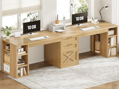 SEDETA Farmhouse 96.5" 2 Person Computer Desk with Storage Drawers | Home Office Desk, Gaming Double Desk with Shelves, Long Two Person Writing Desk, Oak - color: Oak