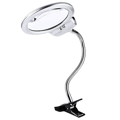 Magnifers Lighted Hands Free,Pro-Flex Desk Led Magnifying Glass Lamp 2.25X 5X Insert Lens Desktop Table Lamp for Close Work, LED Lighted Gooseneck Magnifier with Clamp for Reading Silver