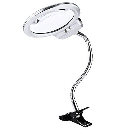 Magnifers Lighted Hands Free,Pro-Flex Desk Led Magnifying Glass Lamp 2.25X 5X Insert Lens Desktop Table Lamp for Close Work, LED Lighted Gooseneck Magnifier with Clamp for Reading Silver
