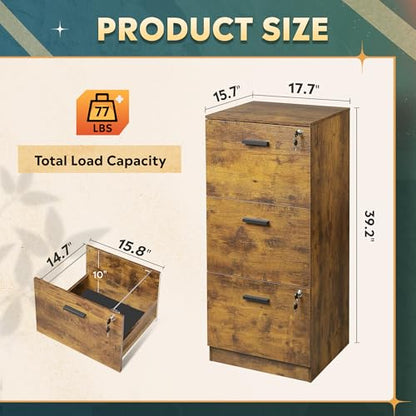 DEVAISE 3 Drawer File Cabinet with Lock, Wood Printer Stand, Rustic Brown - color: Rustic Brown