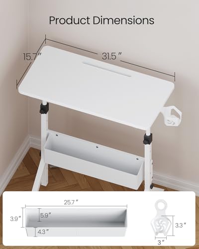 ErGear Mobile Standing Desk with Wheels, Adjustable Height 28.3″ to 46.1″, Rolling Laptop Cart with Cup Holder, Storage Basket, Computer & Pen Slot, Home Office Stand Up Desk, White (31.5″ x 15.75″) - color: White