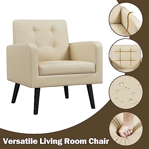 Yaheetech Mid Century Accent Chairs Set of 2 Living Room Chairs Retro Beige | Faux Leather Upholstered Sillones Para Sala, Modern Reading Nook Chairs, Button Tufted Back, Rubberwood Legs, Bedroom Office - color: Beige, size: set of 2
