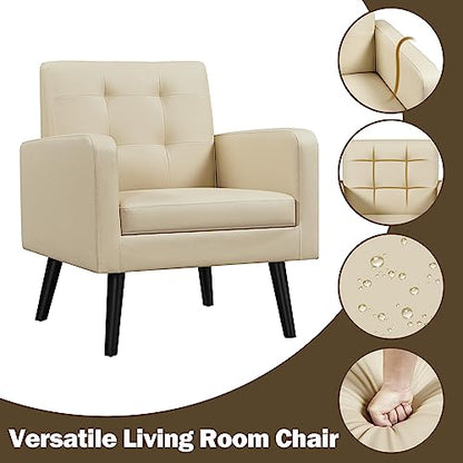 Yaheetech Mid Century Accent Chairs Set of 2 Living Room Chairs Retro Beige | Faux Leather Upholstered Sillones Para Sala, Modern Reading Nook Chairs, Button Tufted Back, Rubberwood Legs, Bedroom Office - color: Beige, size: set of 2