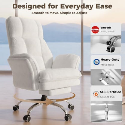 Big and Tall Office Chair, Flip Armrests for Pets & Cross Legged Sitting | Executive Ergonomic Computer Gaming Chair with Foot Rest, Teddy Fleece Wide Seat Reclining Desk Chair, White Vanity Chair - color: White