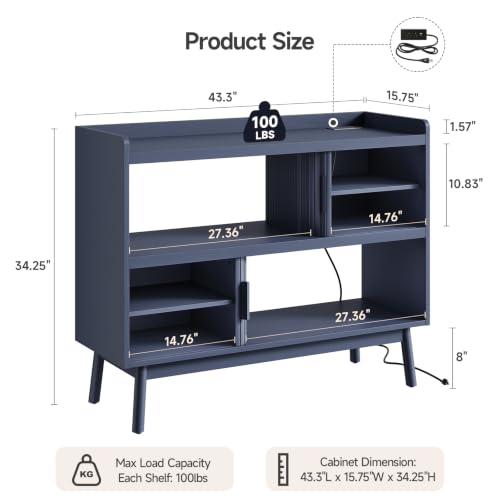 ONBRILL 44" Sideboard Buffet Cabinet with Outlet & Sliding Door, Blue - color: Blue, size: 44"