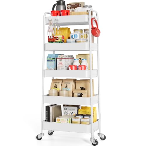 TOOLF 5-Tier Metal Rolling Cart with Wheels, Storage Utility Organizer Cart for Kitchen, Bathroom, Office, Baby Essentials & Makeup - Lockable Casters, Easy Assembly, Large Capacity, White - color: White, size: 5-Tier