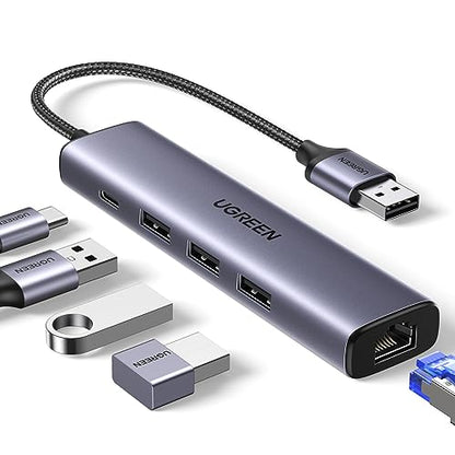 UGREEN USB to Ethernet Adapter, 5 in 1 USB Hub with Ethernet, Plug and Play - size: L100.9xW27xH18 (mm)