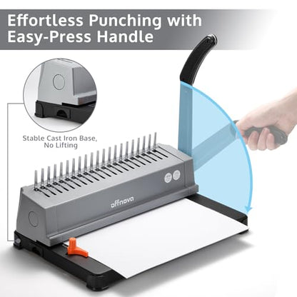 OFFNOVA Binding Machine, 21-Hole 450 Sheets Paper Comb Punch Binder Machine for Letter Size / A4 / A5 Paper, Easy to Punch Handle, Adjustable Margin, Gray - style: Single-arm Gray