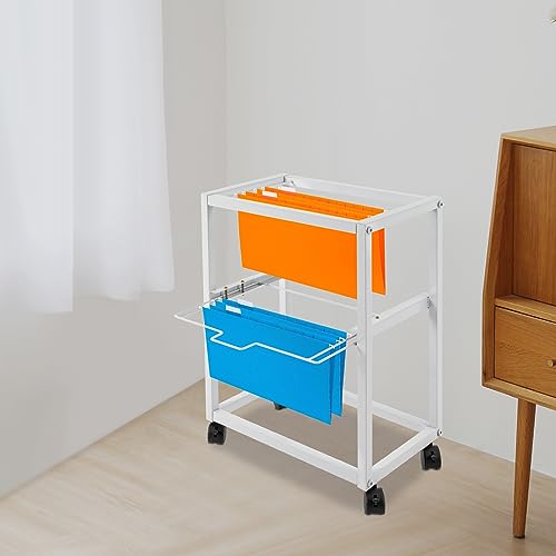 2 Tiers Metal Rolling File Carts with Wheels,Hanging Files Movable Pull-Out Folder Rack,Drawer File Cabinet Movable Pull-Out File Cabinet for Office, Classroom, Home Study, or Printer Room
