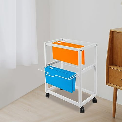 2 Tiers Metal Rolling File Carts with Wheels,Hanging Files Movable Pull-Out Folder Rack,Drawer File Cabinet Movable Pull-Out File Cabinet for Office, Classroom, Home Study, or Printer Room