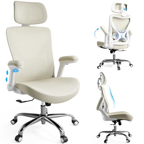 Ergonomic Office Chair:Home Office Desk Chairs with Headrest Lumbar Support | Ergalithic Ergonomic Desk Chair X-Shaped Mesh PU Leather Executive Computer Chair High Back Flip-Up Arms for Long Hour - color: Beige