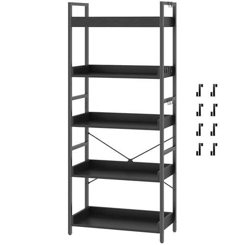 HCHQHS 5 Tier Bookshelf, Adjustable Industrial Bookcase, Vertical Tall Book Shelf, Wood and Black Metal Open Bookshelves for Home Office, Living Room, Bedroom - color: Black, size: 5-Tier (24"W x 57"H)
