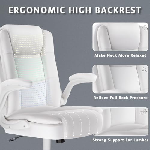 LEMBERI Flip-up Arms Office Desk Chair, Big and Tall Managerial Executive Chair, High Back Computer Chair, Ergonomic Adjustable Height PU Leather Chairs with Cushions Armrest for Long Time Sitting - color: New White