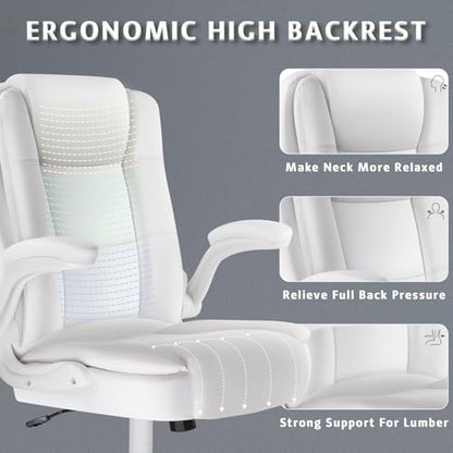 LEMBERI Flip-up Arms Office Desk Chair, Big and Tall Managerial Executive Chair, High Back Computer Chair, Ergonomic Adjustable Height PU Leather Chairs with Cushions Armrest for Long Time Sitting - color: New White