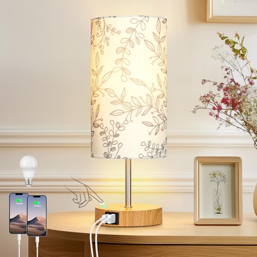CINSARY Bedside Touch Lamps for Nightstand with 2 USB Charging Ports, 3 Way Dimmable Wood Bedroom Lamp with Flower Fabric Shade, Small Table Lamp for Living Room Reading Desk (LED Bulb Included) - color: Flower-3