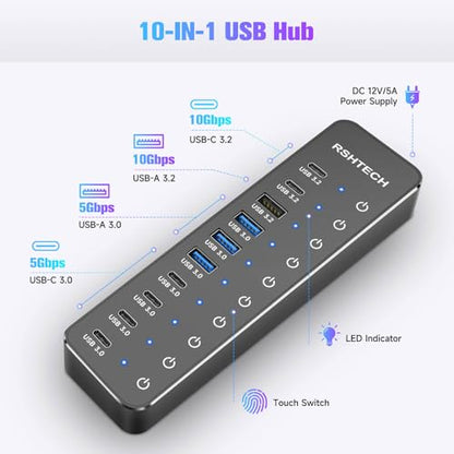 RSHTECH 10 Ports Powered USB 3.2/USB C Hub Splitter 60W with 3 x 10Gbps USB 3.2 Ports (2C + 1A),7 x USB 3.0 Ports (4C + 3A), 3.3ft Cable and Individual Touch Switches for Laptop PC