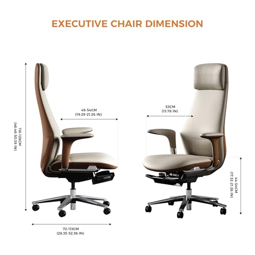TOMU Executive Office Chair with Foot Rest, Top Grain Genuine Leather Office Chair, Ergonomic High Back Design. Real Leather, Wheels, Alumium Base. Padded Armrest, Luxury and Comfy (Beige) - color: Beige