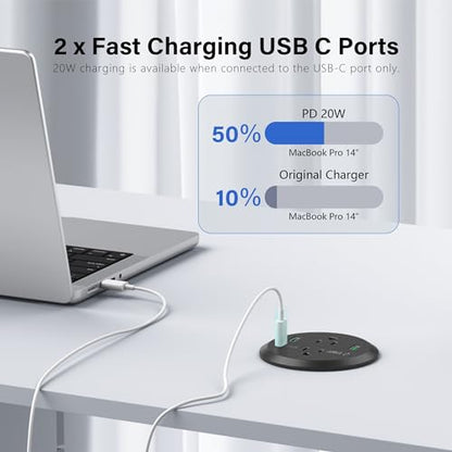 3 inch Desktop Power Grommet with PD 20W USB C,Furniture Recessed Power Strip,2 Outlets,4 USB Ports,40W Total,Flush-Mount for Desktop, Workspace Essential Desk Outlet (Black, 6 FT Cable) - color: Black