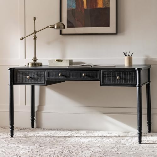 HULALA HOME 60 Inches Fluted Writing Desk with Charging Station, Black - color: Black
