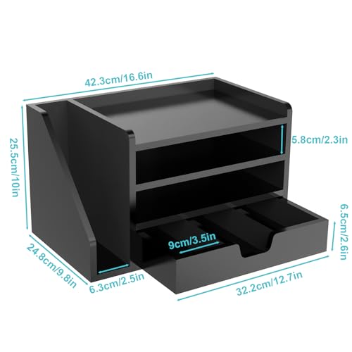 Multi-Tier Wood Desk File Organizer, 3 Tray Shelves & Adjustable Drawer - Space-Efficient Design for Efficient Office Setup, Reduces Desk Clutter (Black) - color: Black