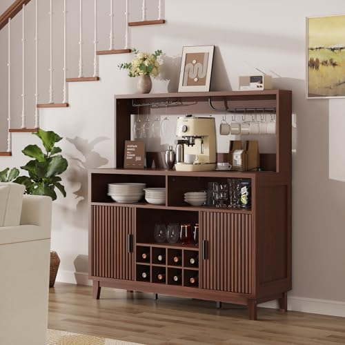 Fluted Buffet Cabinet with Storage, Modern Coffee Bar Cabinet, Walnut - color: Walnut, size: Coffee Bar - 15.6"D x 47.2"W x 49.6"H