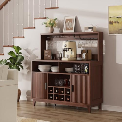 Fluted Buffet Cabinet with Storage, Modern Coffee Bar Cabinet, Walnut - color: Walnut, size: Coffee Bar - 15.6"D x 47.2"W x 49.6"H