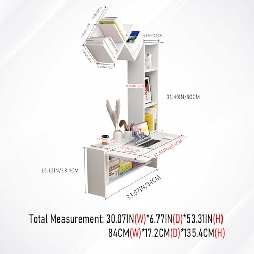 Folding Wall Mounted Drop Leaf Table, Foldable Desk with Moveable Cabinets, Floating Laptop with Convertible Storage Shelves, Multifunctional Computer Workstation in Home for Space Saving - color: White