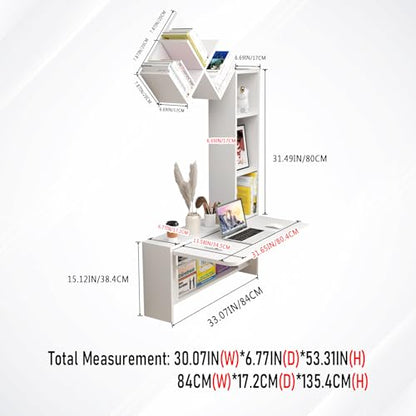 Folding Wall Mounted Drop Leaf Table, Foldable Desk with Moveable Cabinets, Floating Laptop with Convertible Storage Shelves, Multifunctional Computer Workstation in Home for Space Saving - color: White