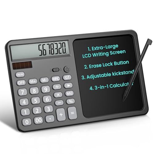 Desk Calculator with 7" LCD Writing Tablet, Stable Foldable Kickstand with Ergonomic 15° Viewing Angle, 12-Digit Large Display, Solar & Battery Dual Power, 2-in-1 Notepad Calculator -Black