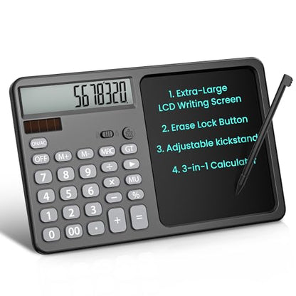 Desk Calculator with 7" LCD Writing Tablet, Stable Foldable Kickstand with Ergonomic 15° Viewing Angle, 12-Digit Large Display, Solar & Battery Dual Power, 2-in-1 Notepad Calculator -Black