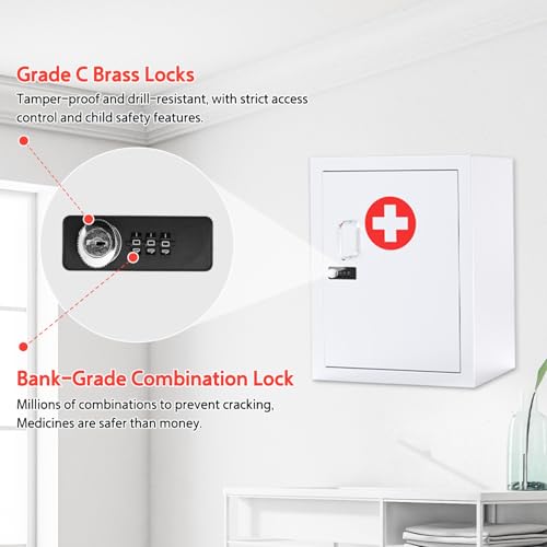 Locking Medicine Cabinet Wall-Mount: Storage Cabinet with Combination Lock & Key - White Metal First Aid Kits for Family Safety and Childproofing
