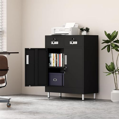 Metal Storage Cabinet with Locking Doors and 2 Drawers, Lockable Storage Cabinet with Adjustable Shelf for Home Office Garage Entryway Pantry (Black)