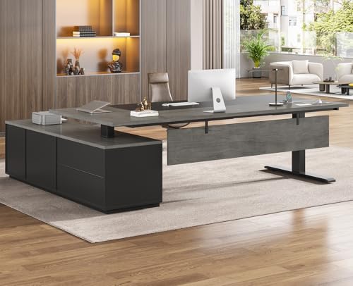 SEDETA 71" Executive Large L Shaped Electric Standing Desk, Grey | Height Adjustable Executive Desk with 3 Drawers and Cabinet,Sit Stand Up Home Office Desk with Power Outlets & Side Hook - color: Grey